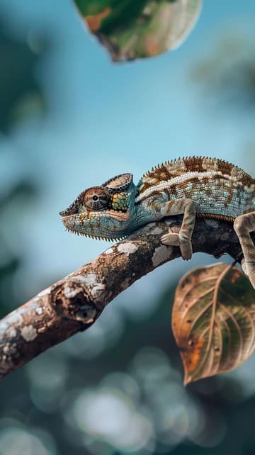 Chameleon reptile sitting on tree branch with natural colors and detailed texture in outdoor environment