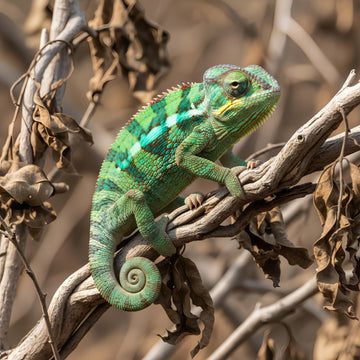 Green striped chameleon reptile perched on branch with curled tail and textured skin in natural habitat