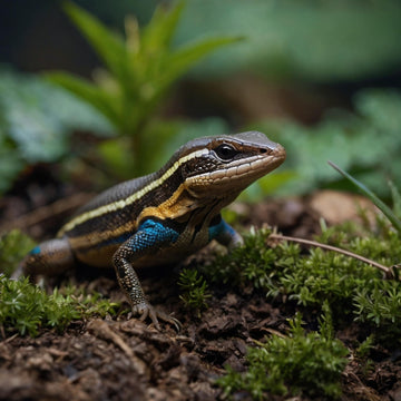 Striped lizard reptile on soil and moss showing natural habitat and detailed skin pattern